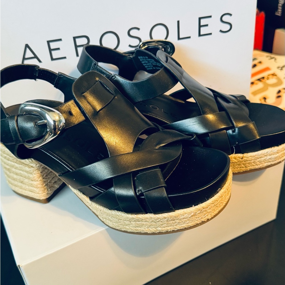 AEROSOLES Black Platform Sandals with Crisscross Straps “CHATHAM”